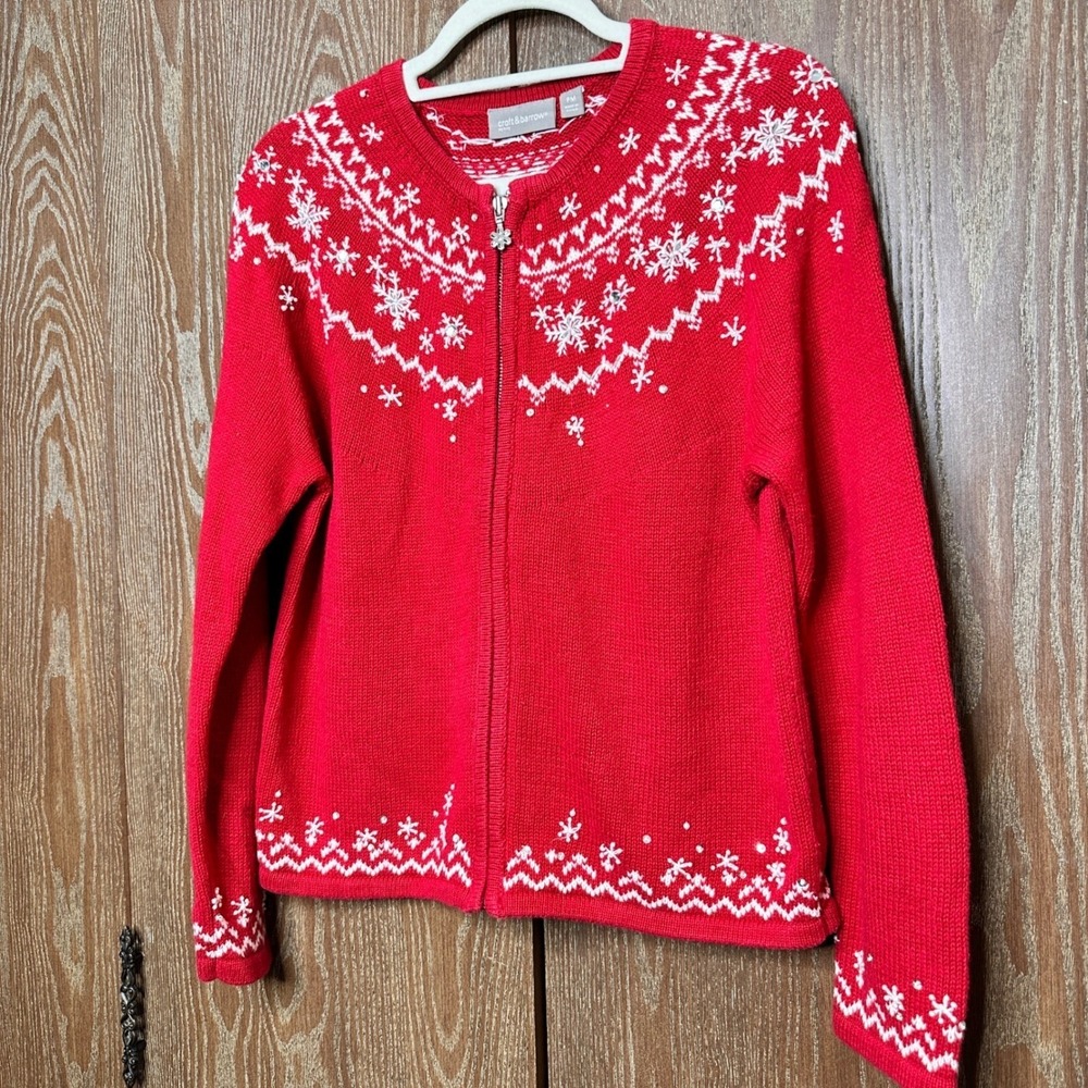 VTG Christmas Petite Red Snowflake Zip Up Cardigan Sweater Jacket Women PM - Picture 2 of 7